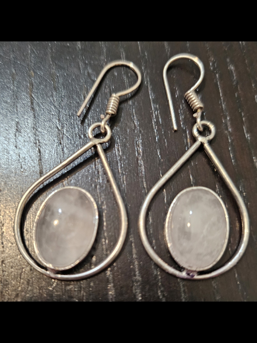 Silver Teardrop Earrings with Rose Quartz Oval Stone - Unbranded